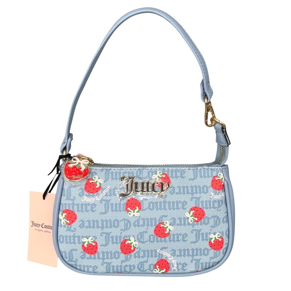 Juicy Couture Berry Sweet Convertible Wristlet Dusty Blue Strawberry‎ Print NWT